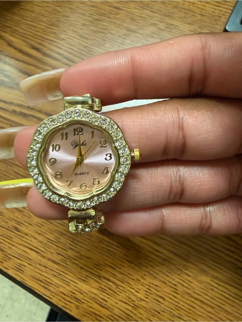 Gold-Tone Pink Dial Floral Bracelet Watch